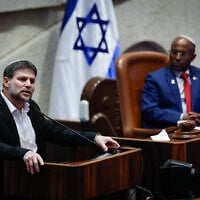 Finance Minister Betzalel Smotrich speaking at the Knesset plenum, Jerusalem, September 29, 2025. (Oren Ben Hakoon/ Flash90)