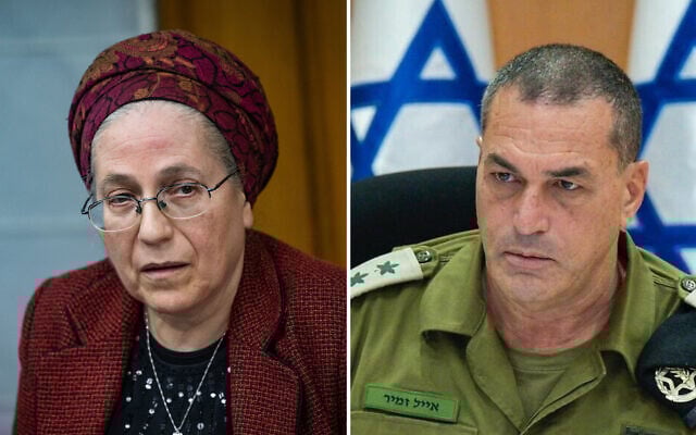 (R) Settlements and National Projects Minister Orit Strock attends a Religious Zionism faction meeting at the Knesset in Jerusalem, January 27, 2025 (Chaim Goldberg/Flash90) and  (L) IDF Chief of Staff Lt. Gen. Eyal Zamir meets with top officers on August 13, 2025. (Israel Defense Forces)