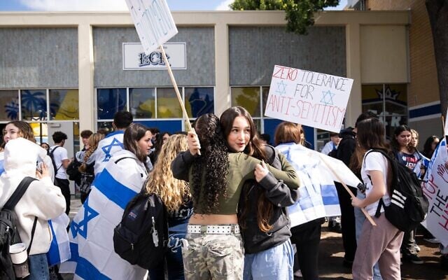 Illustrative: Jewish students at El Camino Real Charter High School walk out to protesting antisemitic incidents at the Los Angeles school on February 27, 2024. (Sarah Reingewirtz/MediaNews Group/Los Angeles Daily News via Getty Images via JTA) Illustrative: Jewish students at El Camino Real Charter High School walk out to protesting antisemitic incidents at the Los Angeles school on February 27, 2024. (Sarah Reingewirtz/MediaNews Group/Los Angeles Daily News via Getty Images via JTA)