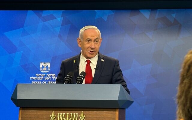 Prime Minister Benjamin Netanyahu speaks at a press conference on September 16, 2025. (Lazar Berman/The Times of Israel)