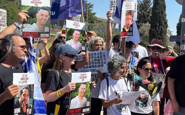 Families of hostages speak outside the Knesset ahead of a march to the prime minister's residence in Jerusalem on September 3, 2025. (Charlie Summers/Times of Israel) Families of hostages speak outside the Knesset ahead of a march to the prime minister's residence in Jerusalem on September 3, 2025. (Charlie Summers/Times of Israel)