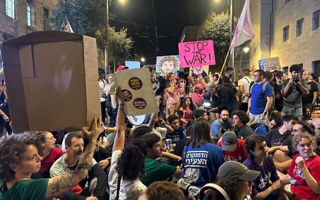 Protesters block the Jerusalem light rail during demonstration for a hostage-ceasefire deal on September 3, 2025. (Charlie Summers/Times of Israel) Protesters block the Jerusalem light rail during demonstration for a hostage-ceasefire deal on September 3, 2025. (Charlie Summers/Times of Israel)