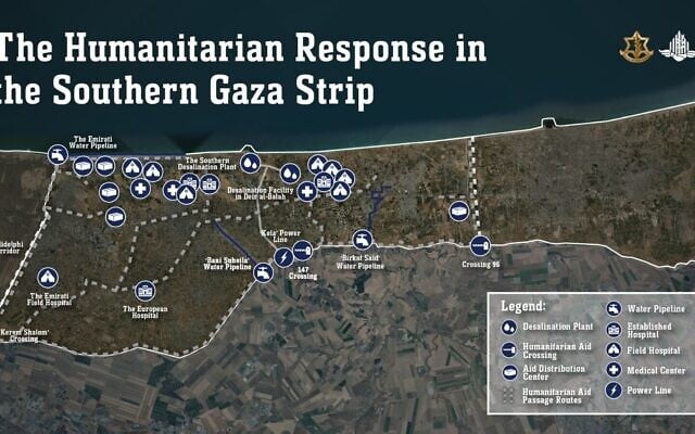 An IDF graphic showing Israel’s humanitarian infrastructure in southern Gaza, as Gaza City residents are urged to evacuate southward, September 6, 2025. (Israel Defense Forces)