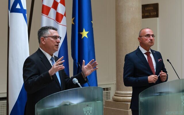 Foreign Minister Gideon Sa'ar, left, speaks in Zagreb, Croatia, alongside Croatian Foreign Minister Gordan Grlić-Radman on September 9, 2025. (Shalev Man/Foreign Ministry) Foreign Minister Gideon Sa'ar, left, speaks in Zagreb, Croatia, alongside Croatian Foreign Minister Gordan Grlić-Radman on September 9, 2025. (Shalev Man/Foreign Ministry)