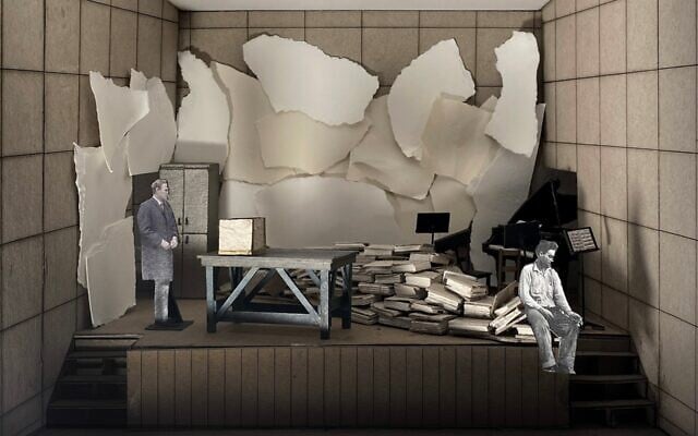Michael Bennett Lewis's scenic design for 'The Great Dictionary of the Yiddish Language' features images of the chamber opera's two real-life protagonists: legendary YIVO head Max Weinreich, left, and the linguist Yudel Mark. (Courtesy YIVO via JTA)