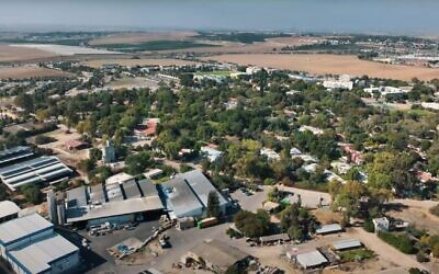 An aerial shot of Kibbutz Gevim, unknown date. (Screencapture/Yuval Dax via Youtube)