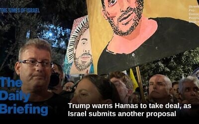 Anat and Haggai Angrest, parents of hostage Matan Angrest, protesting outside the residence of Prime Minister Benjamin Netanyahu on Azza Street in Jerusalem on September 6, 2025 (Credit Yael Gadot/Israeli Pro-Democracy Protest Movement)