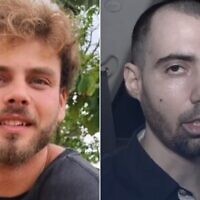 L: Hamas-held hostage Alon Ohel (Courtesy); R: Guy Gilboa-Dalal, held hostage by Hamas, is seen in a propaganda video, which also showed Ohel, that the terror group released on September 5, 2025.