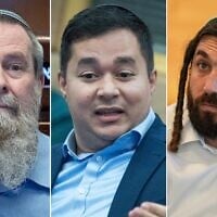 L: MK Avi Maoz in the Knesset in Jerusalem, February 19, 2024. (Yonatan Sindel/Flash90); C: MK Dan Illouz in the Knesset in Jerusalem, March 26, 2025. (Yonatan Sindel/Flash90); R: MK Zvi Sukkot in Moshav Avivim, December 1, 2024. (Ayal Margolin/Flash90)