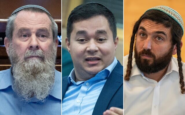 L: MK Avi Maoz in the Knesset in Jerusalem, February 19, 2024. (Yonatan Sindel/Flash90); C: MK Dan Illouz in the Knesset in Jerusalem, March 26, 2025. (Yonatan Sindel/Flash90); R: MK Zvi Sukkot in Moshav Avivim, December 1, 2024. (Ayal Margolin/Flash90) L: MK Avi Maoz in the Knesset in Jerusalem, February 19, 2024. (Yonatan Sindel/Flash90); C: MK Dan Illouz in the Knesset in Jerusalem, March 26, 2025. (Yonatan Sindel/Flash90); R: MK Zvi Sukkot in Moshav Avivim, December 1, 2024. (Ayal Margolin/Flash90)