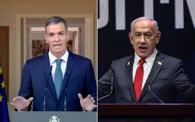 Spanish Prime Minister Pedro Sanchez (left) and Prime Minister Benjamin Netanyahu in this composite image. (AFP)