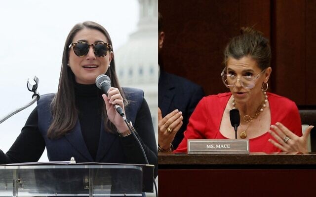 US Rep Sara Jacobs (L), a California Democrat, speaks at a rally at the US Capitol on April 10, 2025, in Washington, DC. (Jemal Countess/Getty Images for Fair Share America/AFP); US Rep. Nancy Mace (R), a South Carolina Republican, participates in a House Oversight Committee's Task Force, at the US Capitol on September 9, 2025, in Washington, DC. (Kevin Dietsch/Getty Images/AFP)