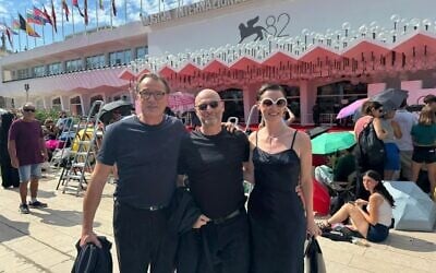 Sebastian Koch, left, Hagai Levi and Julia Windischbauer at the premiere of 'Etty' at the Venice Film Festival on September 2, 2025 (Sipur)