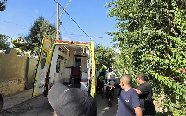 Paramedics transport a critically injured man to the hospital after he was shot in Lod on September 2, 2025. (Magen David Adom)