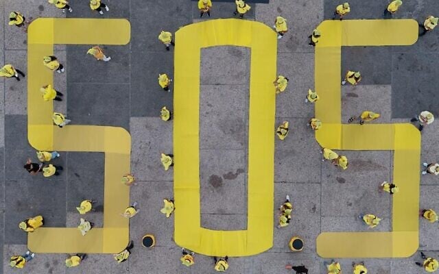 An exhibit in Tel Aviv's Hostages Square marks 700 days since the October 7, 2023, massacre, on September 5, 2025. (Rei Ash/Hostages and Missing Families Forum)