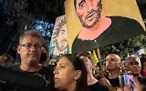Anat and Haggai Angrest, parents of hostage Matan Angrest, protesting outside the residence of Prime Minister Benjamin Netanyahu on Azza Street in Jerusalem on September 6, 2025 (Credit Yael Gadot/Israeli Pro-Democracy Protest Movement)