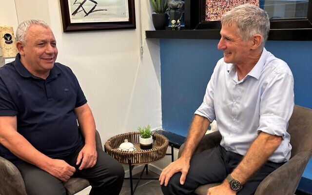 The Democrats party chairman Yair Golan, right, meets with ex-Blue and White–National Unity party No. 2 Gadi Eisenkot, September 10, 2025. (Courtesy) The Democrats party chairman Yair Golan, right, meets with ex-Blue and White–National Unity party No. 2 Gadi Eisenkot, September 10, 2025. (Courtesy)
