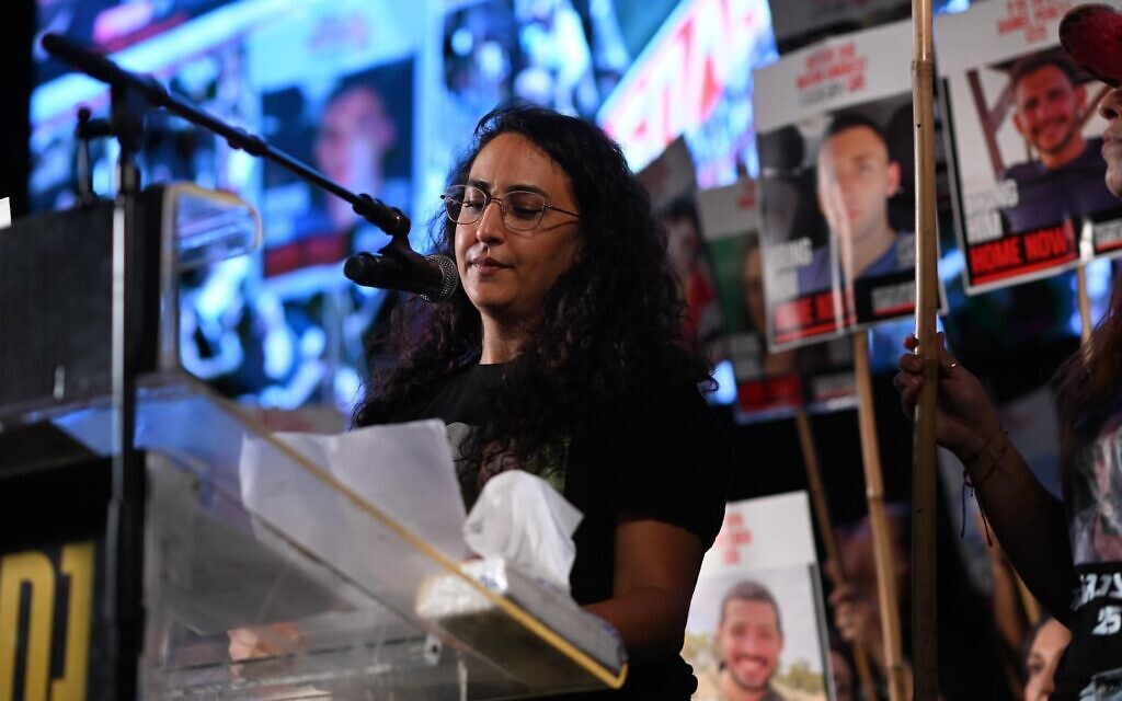 Sharon Alony Cunio at a rally in Tel Aviv's Hostages Square on September 13, 2025. (Lior Rotstein/Hostages and Missing Families Forum)