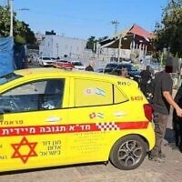 Paramedics and police at the scene of a shooting in Ramle on September 17, 2025. (Magen David Adom)