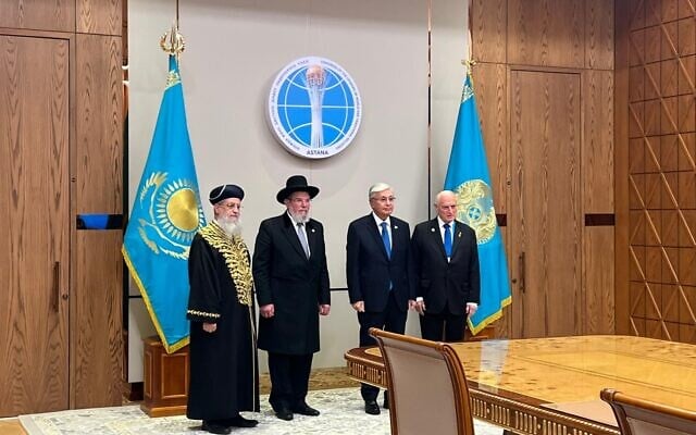 From left to right, Sephardi Chief Rabbi David Yosef, Ashkenazi Chief Rabbi Kalman Ber, President of Kazakhstan Kassym-Jomart Tokayev and US Jewish leader Malcolm Hoenlein attending the VIII Congress of Leaders of World and Traditional Religions in Kazakhstan on September 17, 2025. (Courtesy of Chief Rabbi Kalman Ber) From left to right, Sephardi Chief Rabbi David Yosef, Ashkenazi Chief Rabbi Kalman Ber, President of Kazakhstan Kassym-Jomart Tokayev and US Jewish leader Malcolm Hoenlein attending the VIII Congress of Leaders of World and Traditional Religions in Kazakhstan on September 17, 2025. (Courtesy of Chief Rabbi Kalman Ber)