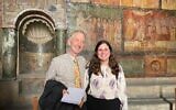 Times of Israel Editor David Horovitz and academic Jill Joshowitz stand near the Dura-Europos Synagogue wall paintings in the Damascus National Museum in Syria, September 16, 2025. (Times of Israel)