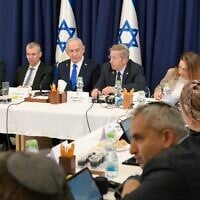 Prime Minister Benjamin Netanyahu, third from left, convenes a cabinet meeting on September 21, 2025. (Maayan Taof/GPO)