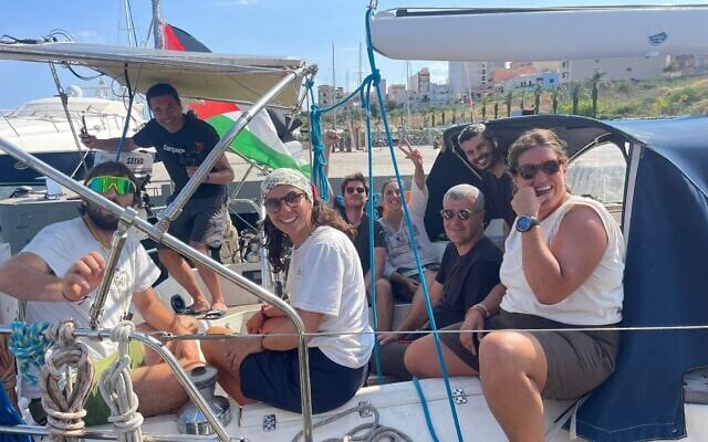 A group of people on board the boat “Karma,” which is escorting the Global Sumud Flotilla, as it sails towards Gaza in September 2025. (Courtesy Arturo Scotto) A group of people on board the boat “Karma,” which is escorting the Global Sumud Flotilla, as it sails towards Gaza in September 2025. (Courtesy Arturo Scotto)