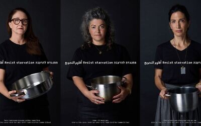 Michal Waxmanm (left), Tamar Cohen Tzedek (middle) and Noa Levi (right) pose for a campaign protesting alleged starvation in Gaza by Israeli fashion brand Comme Il Faut. (Yanai Yechiel via JTA)