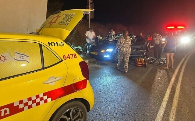 First responders at the scene of a double homicide near Kibbitz Nahsholim, on September 4, 2025. (Magen David Adom)