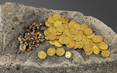 A hoard of 97 pure gold coins dating back to the 6th and 7th centuries CE, unearthed during archaeological excavations in the ancient city of Hippos (Sussita), near the Sea of Galilee, in a discovery announced on September 25, 2025. (Dr. Michael Eisenberg/University of Haifa)