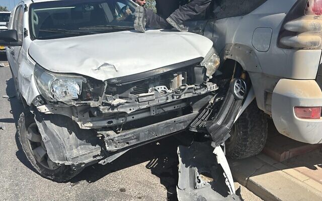A car crash that occurred after a suspect in a shoot-out near a kindergarten tried to flee the scene and rammed into a police car, in Hura, in southern Israel, on September 1, 2025. (Israel Police)