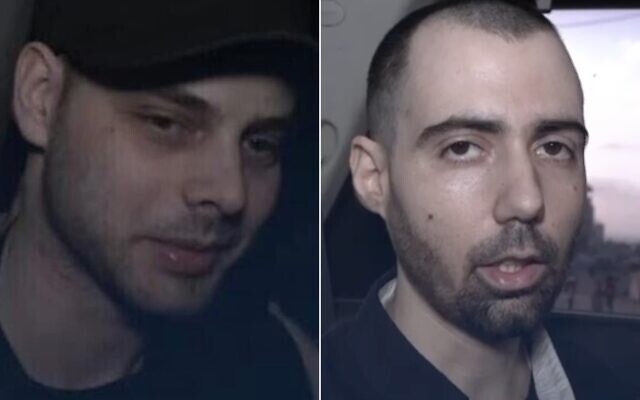 Alon Ohel (L) and Guy Gilboa-Dalal (R) are seen in stills from a propaganda video released by the Hamas terror group, which holds them both in captivity, on September 5, 2025.