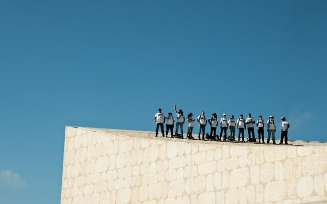 Protesters demanding a hostage-ceasefire deal demonstrate on the roof of the National Library in Jerusalem on September 3, 2025. (Adar Eyal/Israeli Pro-Democracy Protest Movement) Protesters demanding a hostage-ceasefire deal demonstrate on the roof of the National Library in Jerusalem on September 3, 2025. (Adar Eyal/Israeli Pro-Democracy Protest Movement)