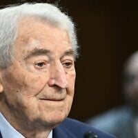 Late president of the Holocaust Survivors Foundation USA (HSF), David Schaecter, looks on during a US Senate Special Committee on Aging hearing on 'Never Again: Addressing the Rise of Antisemitism and Supporting Older Americans,' at Capitol Hill in Washington, DC, on April 30, 2025. (Mandel NGAN / AFP via JTA)