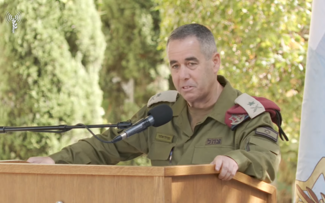 Maj. Gen. Nimrod Aloni, the outgoing head of the Depth Corps, speaks at a handover ceremony, September 29, 2025. (Israel Defense Forces)