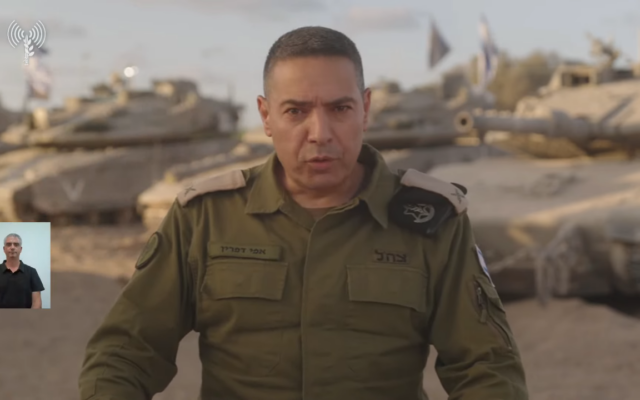 IDF Spokesman Brig. Gen. Effie Defrin speaks at a press conference on the Gaza border, September 16, 2025. (Israel Defense Forces)