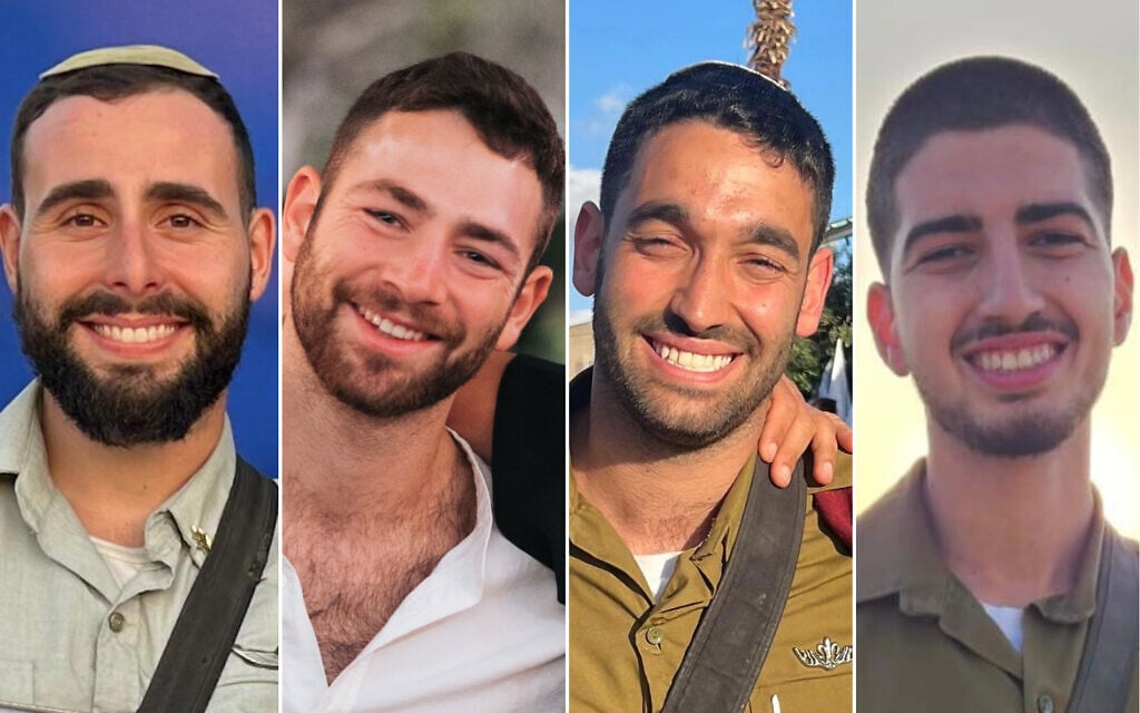 Balról jobbra: Omri Chai Ben Moshe őrnagy, Eran Shelem hadnagy, Eitan Avner Ben Jichak hadnagy és Ron Arieli hadnagy, akik 2025. szeptember 18-án estek el egy Rafahban, a Gázai övezet déli részén történt út menti robbantásban Fotó: Izraeli Védelmi Erők