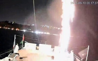 A screen grab of a video apparently showing a blaze on a boat in a flotilla aiming to break the Gaza blockade, allegedly caused by a drone, on September 10, 2025 (X used in accordance with Clause 27a of the Copyright Law)
