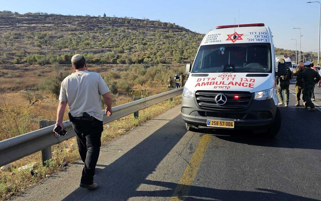 Paramedics at the scene of a suspected car-ramming attack at Jit junction in the West Bank, September 28, 2025. (Magen David Adom)