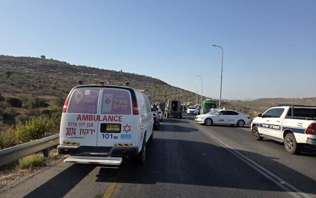 Paramedics at the scene of a suspected car-ramming attack at Jit Junction in the West Bank, September 28, 2025. (Magen David Adom)