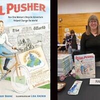 The cover of "Pedal Pusher" by Mary Boone; the author at a book fair. (Courtesy of Mary Boone via JTA)
