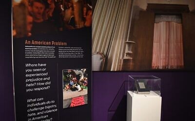 A new, temporary exhibit at the Museum of Jewish Heritage explores antisemitism in America, with the 2018 shooting at Tree of Life Synagogue in Pittsburgh at its center. (Jackie Hajdenberg via JTA/New York Jewish Week)