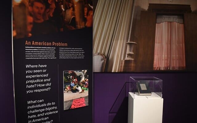 A new, temporary exhibit at the Museum of Jewish Heritage explores antisemitism in America, with the 2018 shooting at Tree of Life Synagogue in Pittsburgh at its center. (Jackie Hajdenberg via JTA/New York Jewish Week)