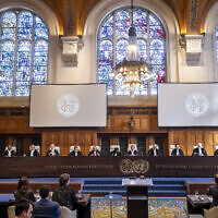 Judges of the International Court of Justice hear arguments on the UN General Assembly's request for an advisory opinion on the "Obligations of Israel in relation to the Presence and Activities of the United Nations, Other International Organizations and Third States in and in relation to the Occupied Palestinian Territory," April 2025. (Courtesy International Court of Justice)