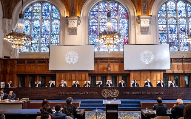 Judges of the International Court of Justice hear arguments on the UN General Assembly's request for an advisory opinion on the "Obligations of Israel in relation to the Presence and Activities of the United Nations, Other International Organizations and Third States in and in relation to the Occupied Palestinian Territory," April 2025. (Courtesy International Court of Justice)