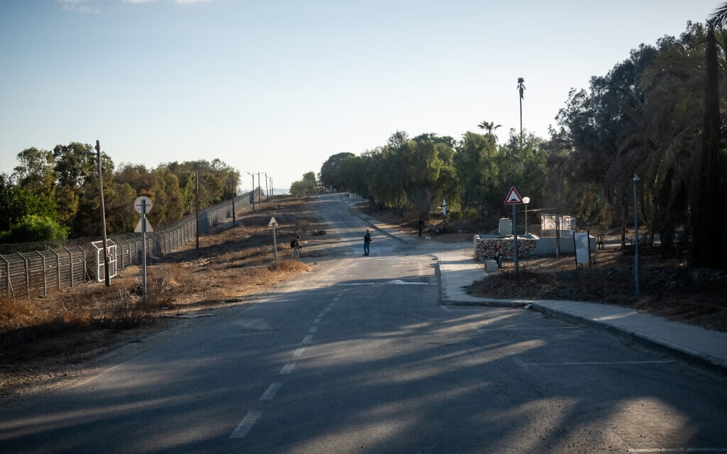 The road at the border of Kfar Aza, October 7, 2025. (Luke Tress/Times of Israel)