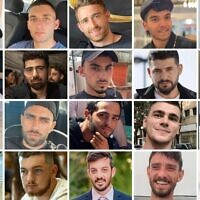 The 20 living hostages released on October 13, 2025: First row, from left: Elkana Bohbot, Matan Angrest, Avinatan Or, Yosef-Haim Ohana, Alon Ohel. Second row, from let: Evyatar David, Guy Gilboa-Dalal, Rom Braslavski, Gali Berman, Ziv Berman. Third row, from left: Eitan Mor, Segev Kalfon, Nimrod Cohen, Maxim Herkin, Eitan Horn. Final row, from left: Matan Zangauker, Bar Kupershtein, David Cunio, Ariel Cunio, Omri Miran.