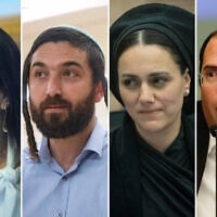 L-R: MK Tally Gotliv attends a Constitution, Law and Justice Committee meeting at the Knesset, on July 14, 2025. (Yonatan Sindel/Flash90); MK Zvi Sukkot, on January 20, 2025. (Chaim Goldberg/Flash90); MK Limor Son Har-Melech attends a Knesset Foreign Affairs and Defense Committee meeting, July 18, 2024. (Chaim Goldberg/Flash90); MK Simcha Rothman speaks at a Constitution, Law and Justice Committee hearing, September 30, 2025. (Oren Ben Hakoon/Flash90)