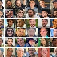 The 48 hostages held in Gaza: First row, from left: Rom Braslavski, Gali Berman, Ziv Berman, Elkana Bohbot, Matan Angrest, Avinatan Or, Yosef-Haim Ohana, Alon Ohel. Second row, from left: Eitan Mor, Segev Kalfon, Nimrod Cohen, Maxim Herkin, Eitan Horn, Evyatar David, Guy Gilboa-Dalal, Bipin Joshi. Third row, from left: Dror Or, Tamir Adar, Matan Zangauker, Bar Kupershtein, David Cunio, Ariel Cunio, Tamir Nimrodi, Omri Miran. Fourth row, from left: Manny Godard, Sgt. First Class Ran Gvili, Sahar Baruch, Uriel Baruch, Sonthaya Oakkharasri, Ronen Engel, Muhammad Alatrash, Guy Illouz. Fifth row, from left: Joshua Mollel, Sgt. Itay Chen, Col. Asaf Hamami, Tal Chaimi, Aryeh Zalmanovich, Inbar Heiman, Sgt. Oz Daniel, Lt. Hadar Goldin. Bottom row, from left: Yossi Sharabi, Sudthisak Rinthalak, Maj. Lior Rudaeff, Amiram Cooper, Cpt. Daniel Perez, Cpt. Omer Neutra, Eliyahu Margalit, Eitan Levy. (Combo photo by Times of Israel; pictures: Courtesy)