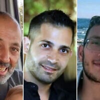 From left, Eitan Levy, Uriel Baruch and Staff Sgt. Tamir Nimrodi, who were held hostage in Gaza and whose bodies were returned by Hamas on October 14, 2025. (Courtesy)